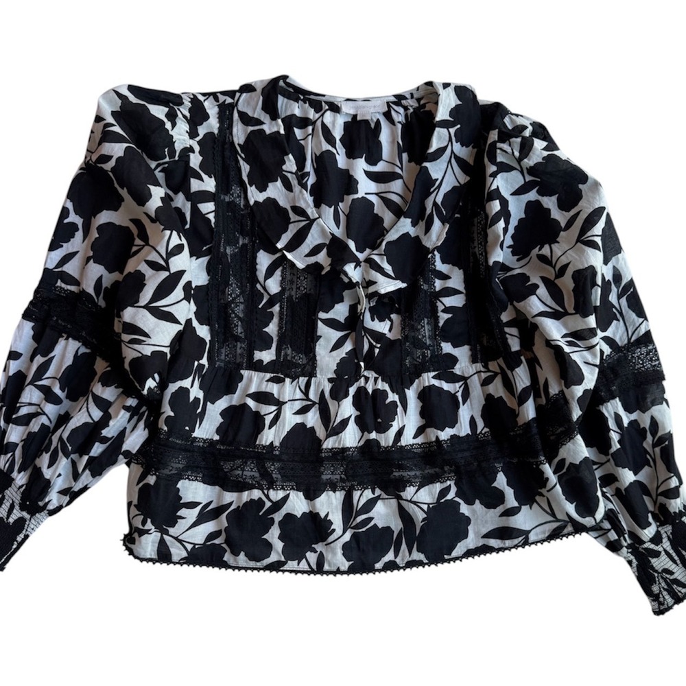 Jennifer Grace Womens Black White Floral Lace Trim Cotton Peplum Blouse Medium
